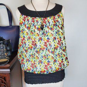 XOXO Black Yellow Red Green Blue White Sleeveless Floral Top, M